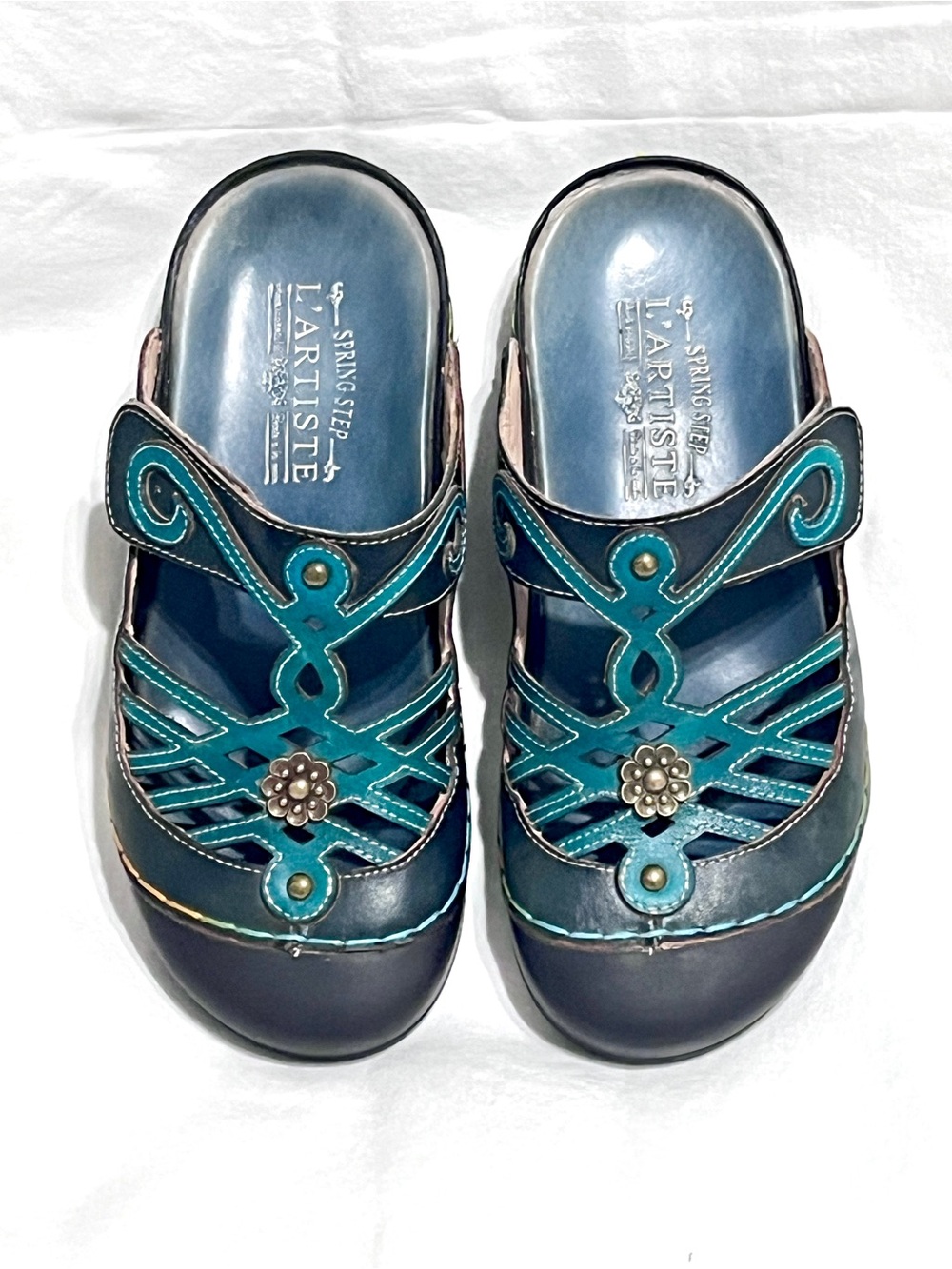 L'Artiste by Spring Step Flochino Teal Turquoise Leather Floral Clogs Mules 37 - Picture 2 of 6
